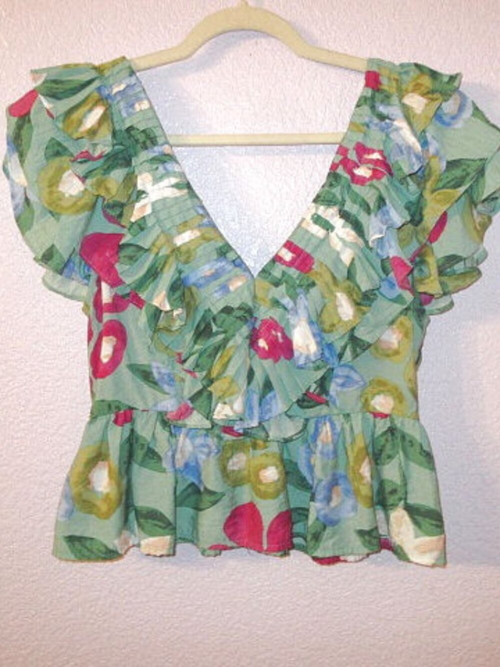 Entro Pleated Ruffle Floral Blouse Top Size S Flutter Fairycore Coquette Boho